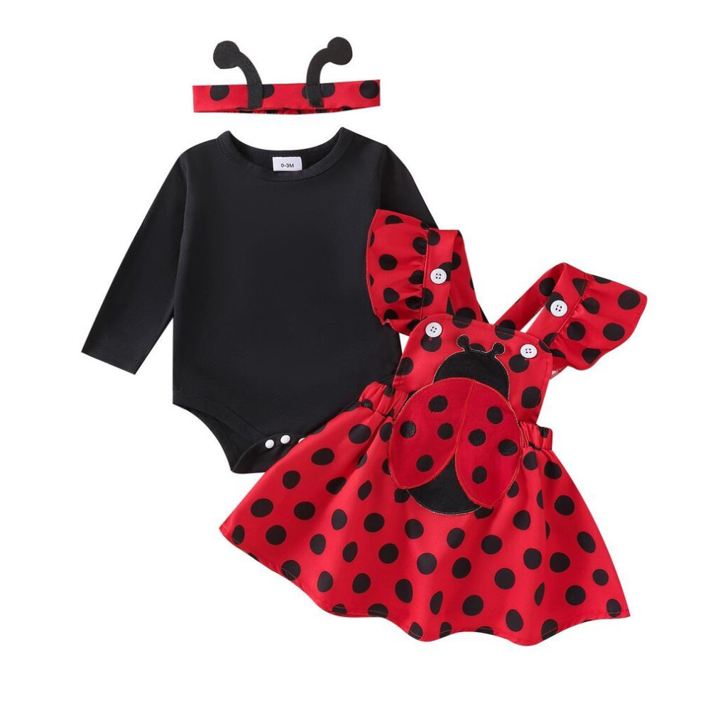 (red, 12-18 Months) Baby Girls Autumn Skirt Sets Flying Sleeve Romper Bee/beetle Embroidery Suspender Dress Headband Sets