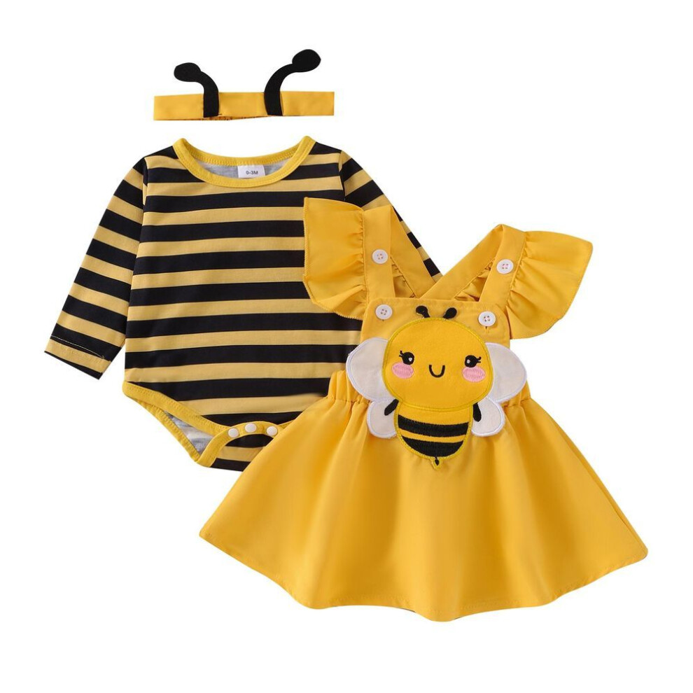 (yellow, 0-3 Months) Baby Girls Autumn Skirt Sets Flying Sleeve Romper Bee/beetle Embroidery Suspender Dress Headband Sets