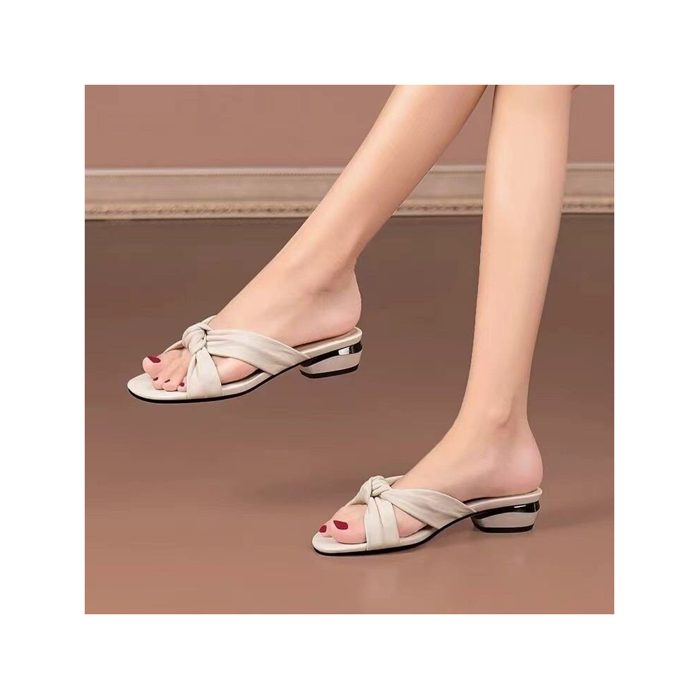 (White,35)Sandales d'été à talons bas épais design noué femme avec orteils exposés cadeau