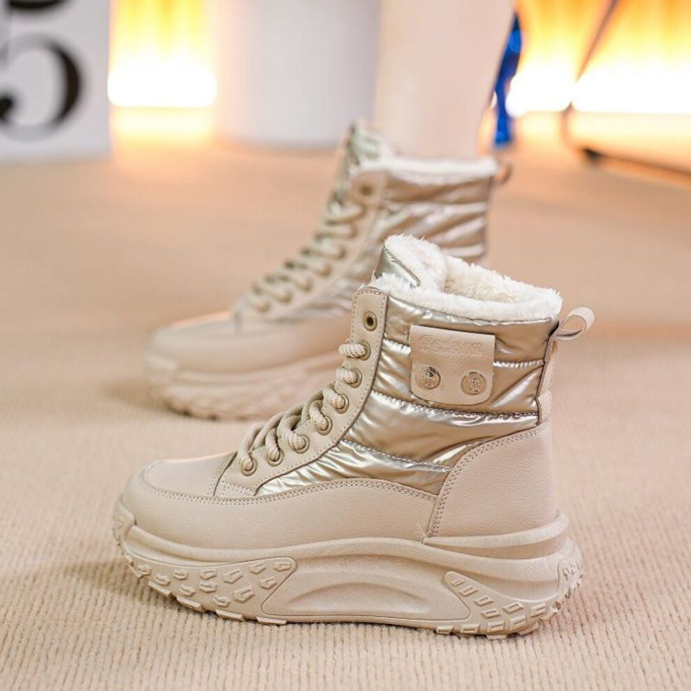 (khaki, 38) Women's 2024 Waterproof White Velvet-lined Winter Boots, Thick-soled High-tops