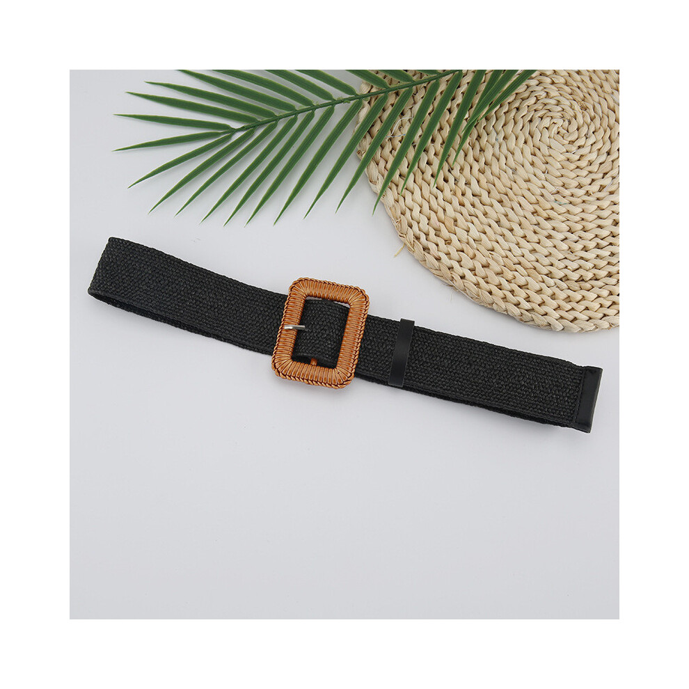 (Black)Robe ceinture femme corde à boucle carrée tissée chemise longue ceintures décoratives