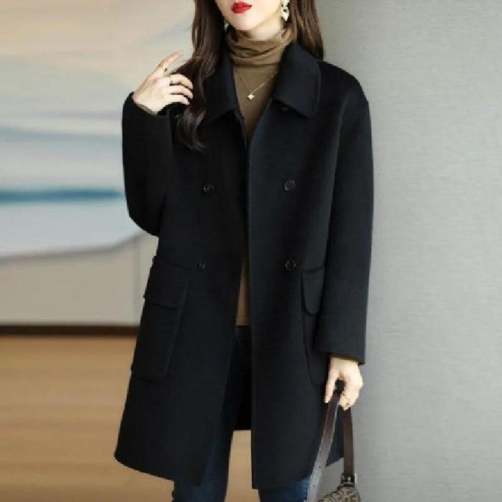 (black, L) Autumn/winter Korean Style Woolen Mid-length Coat - Warm, Thick, Age-reducing, Loose Fit For Small Sizes