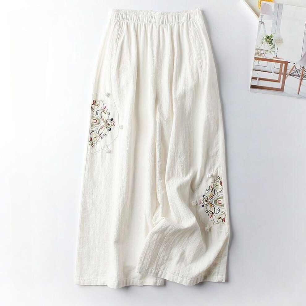 (white, 2XL) 2025 Spring And Summer Cotton And Linen Retro Ethnic Style Embroidered Wide-leg Pants Versatile And Thin Nine-minute Pants