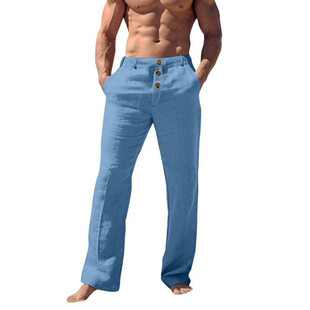 (sky blue, M) Men's Casual Loose And Comfortable Casual Pants Cotton Linen Buttons Trousers