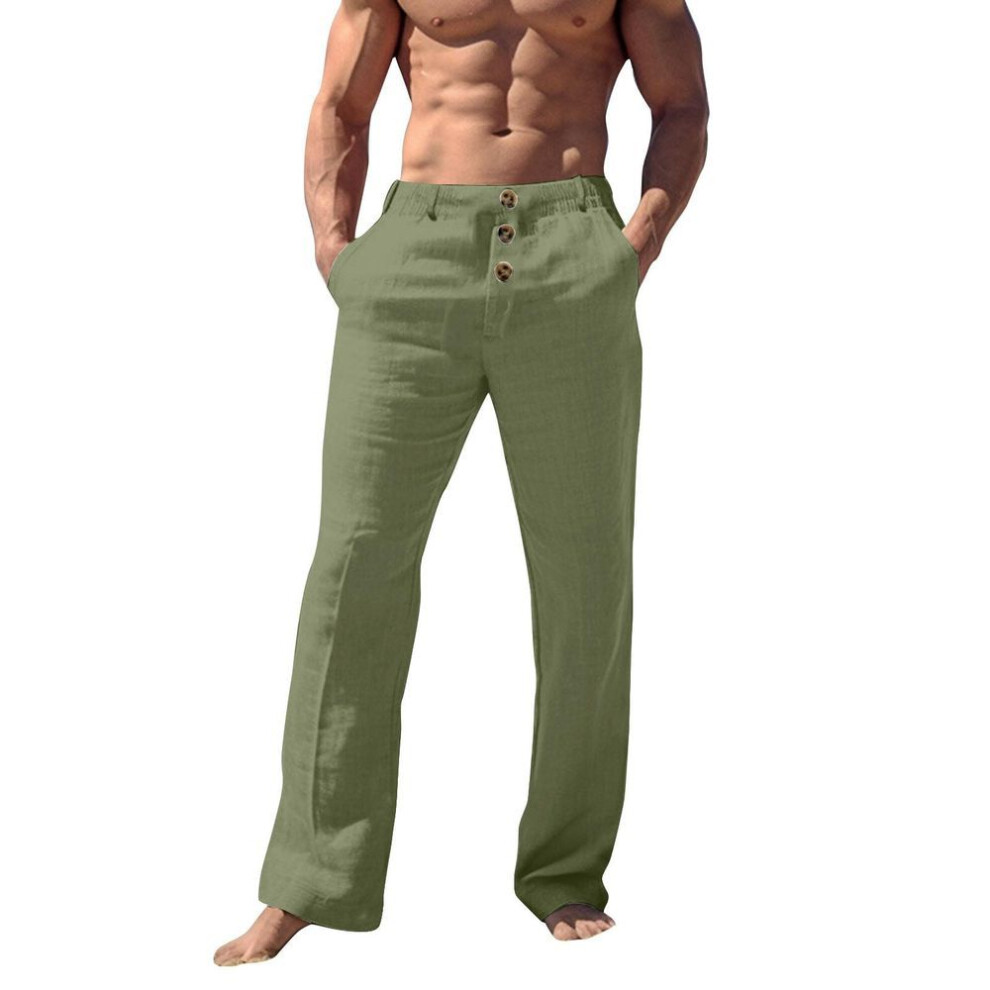 (army green, XL) Men's Casual Loose And Comfortable Casual Pants Cotton Linen Buttons Trousers