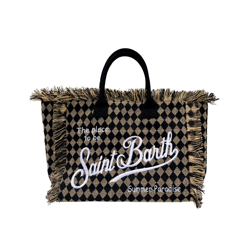 Sac cabas en coton et lin Saint Barth pour femme - Grand sac de plage à franges bohèmes et motif losanges