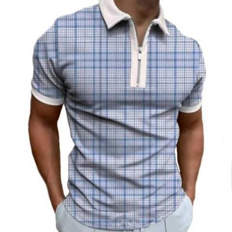(blue, 3XL) Men's Striped Printed Casual Short-sleeved Polo Shirt T-shirt