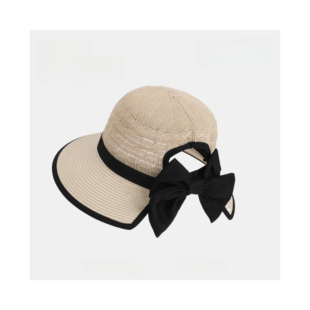 (Beige) Tie Ponytail Bow Hole Straw Hat Women Sun Hat With Ventilation Sunshade Function