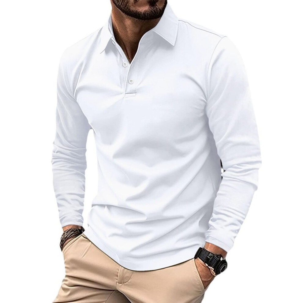 (white, XXL) 2025 Spring And Autumn New Solid Color Fashion Casual Men's Long-sleeved Sports Polo Shirt