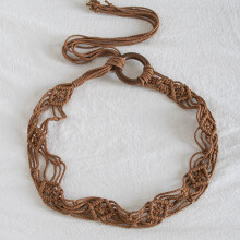 (Brown Belt) Woven Rope Wax Waist Belt With Wooden Beads Knotted Closure Casual For Outfits