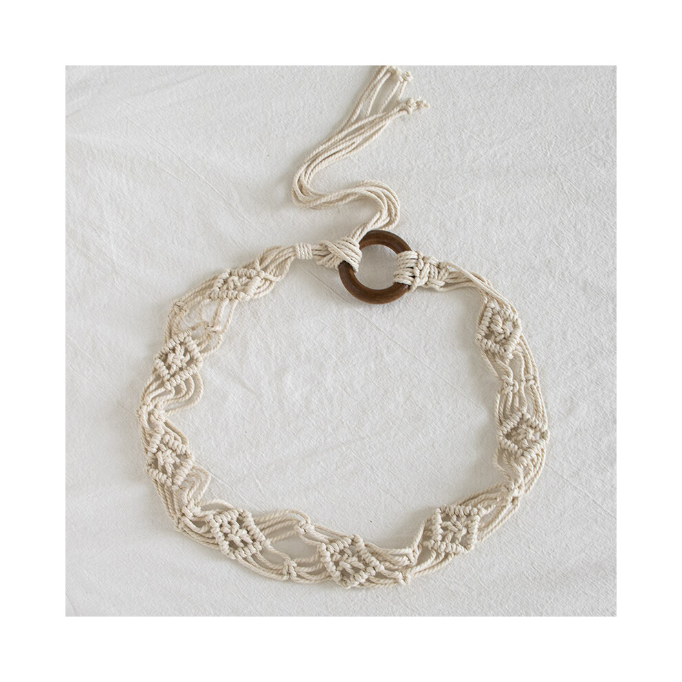 (Beige Belt) Woven Rope Wax Waist Belt With Wooden Beads Knotted Closure Casual For Outfits