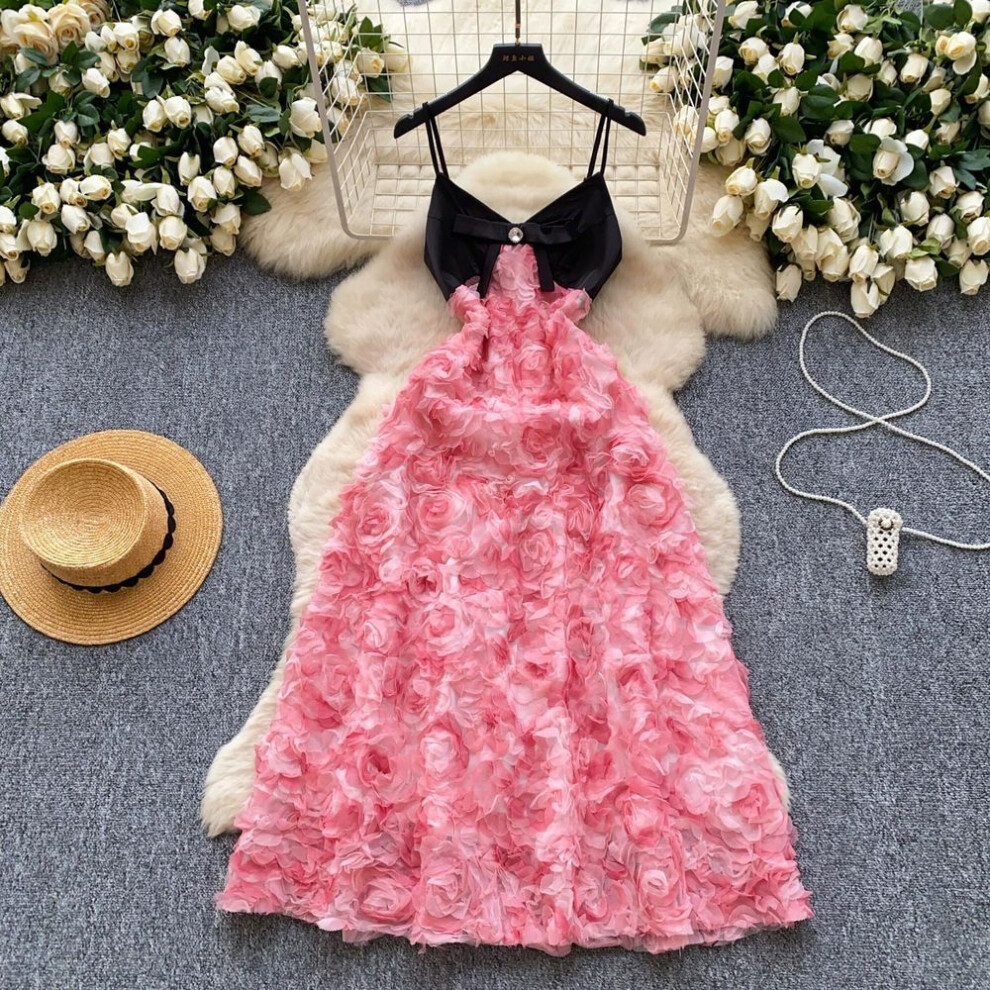 (pink, M) Summer Women Elegant Spaghetti Strap 3D Rose Flower Long Maxi Big Swing Vacation Beach Dresses