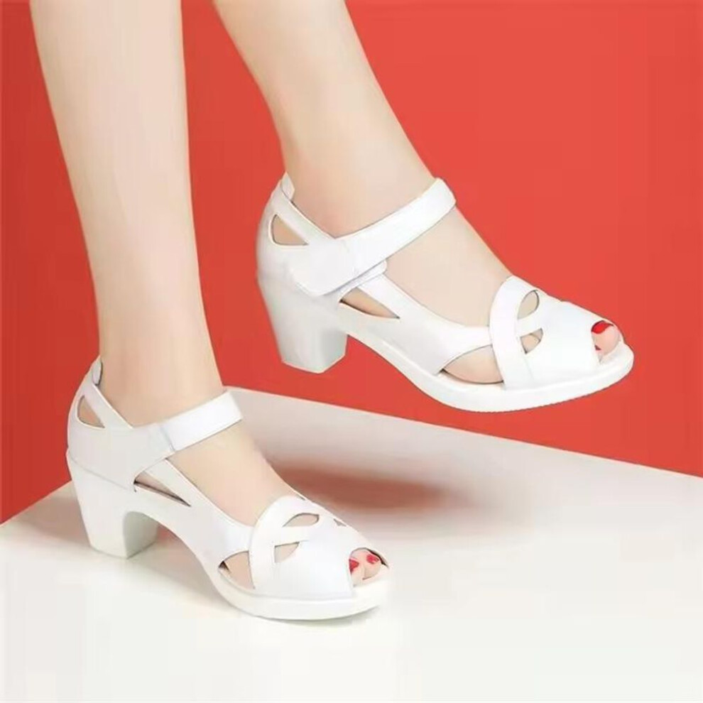 (white, 40) Roman Sandals Women's Soft Sole Comfortable Mother's Shoes Summer Pu Leather Fish Mouth Thick Heel Hollow Out Non Slip Sandalis