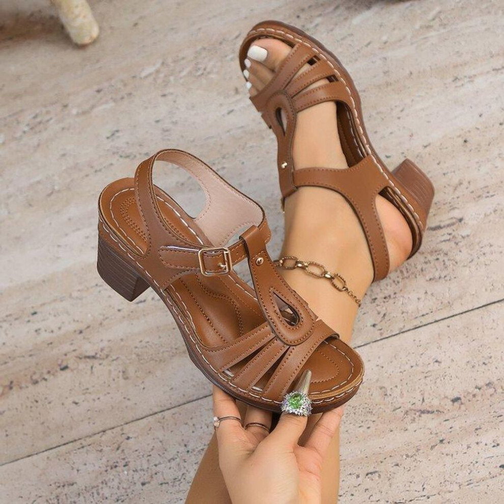 (brown, 41) Summer High Heels Women's Solid Color T-strap One-strap Casual Non-slip Chunky Sandals