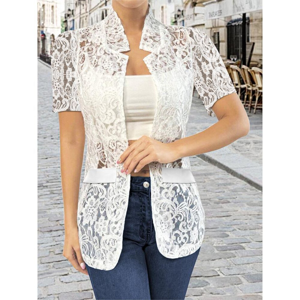 (4XL, white) Summer Versatile Solid Color Lace Hollow Short Sleeve Shirt Women's Clothing
