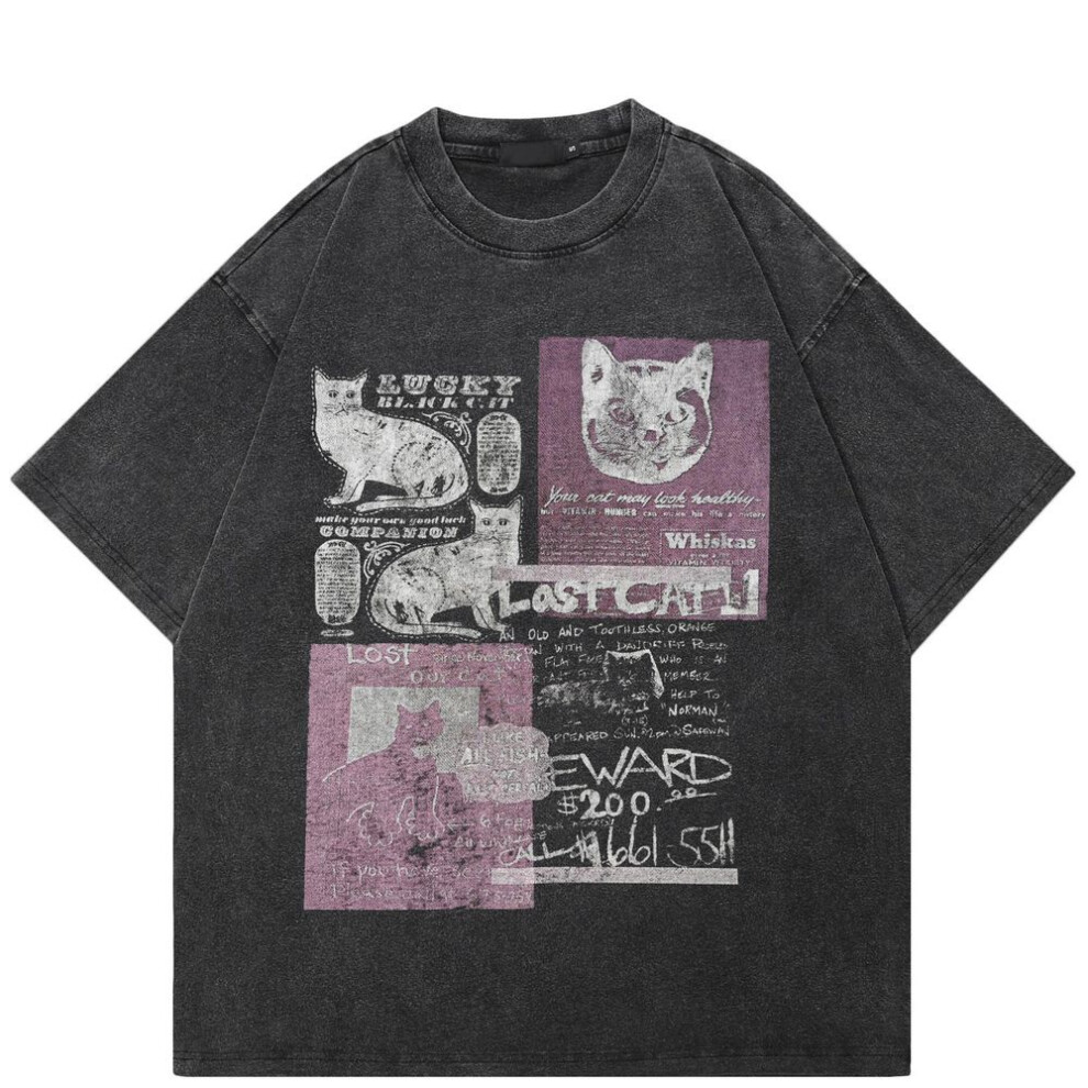 (XXL, washed black) Streetwear Funny Cats Graphic T-shirt Cotton Washed Black Tshirt Unisex Tops Tees Short Sleeves T Shirt