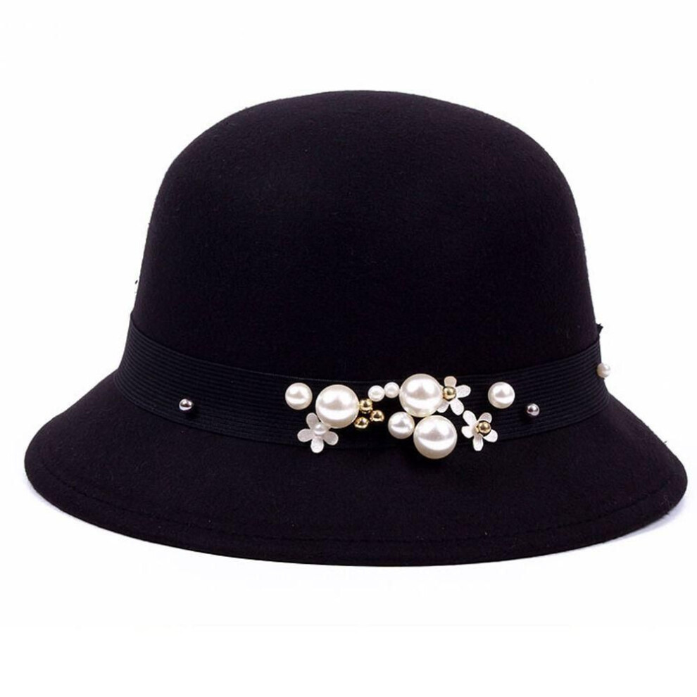 (black) Style Flower Wool Felt For Girls Gift Big Brim Pearl Fedora Hat Fisherman Hat Bucket Cap Panama Hat