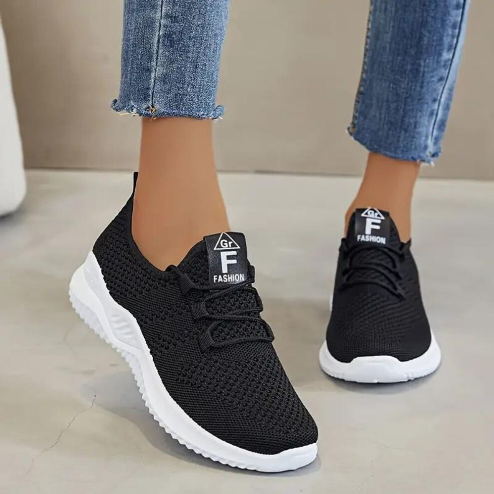 (black, 37) Women's Breathable Knitted Thick Sole Sports Shoes Casual Laced Outdoor Shoes Comfortable Low Top Running Shoes