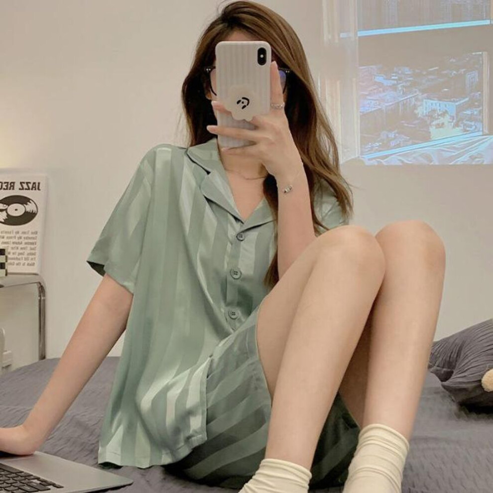 (XL, green) Summer Women's Ice Silk Ins Korean Vertical Stripes Simple Pajamas Homewear Set Girls Short-sleeved Shorts Loose Suit