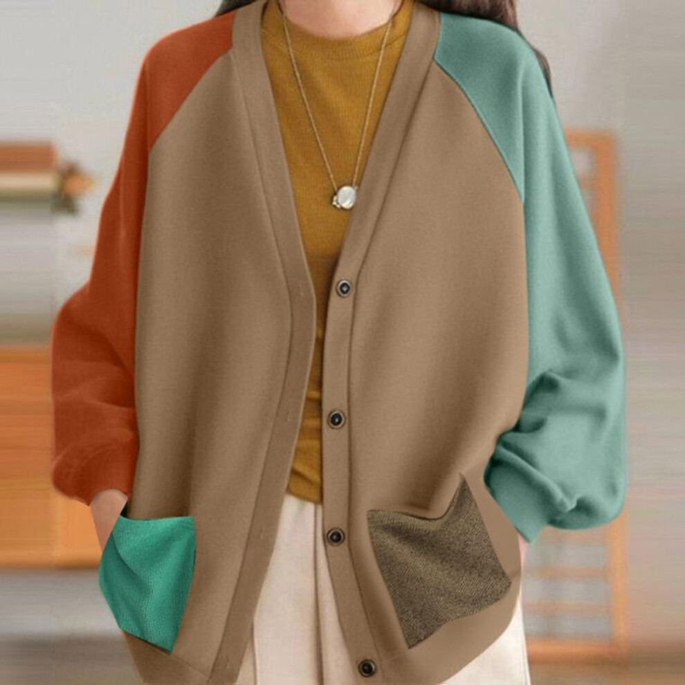 (S, brown) Zanzea Women V-neck Long Sleeve Contrast Color Knitted Cardigans
