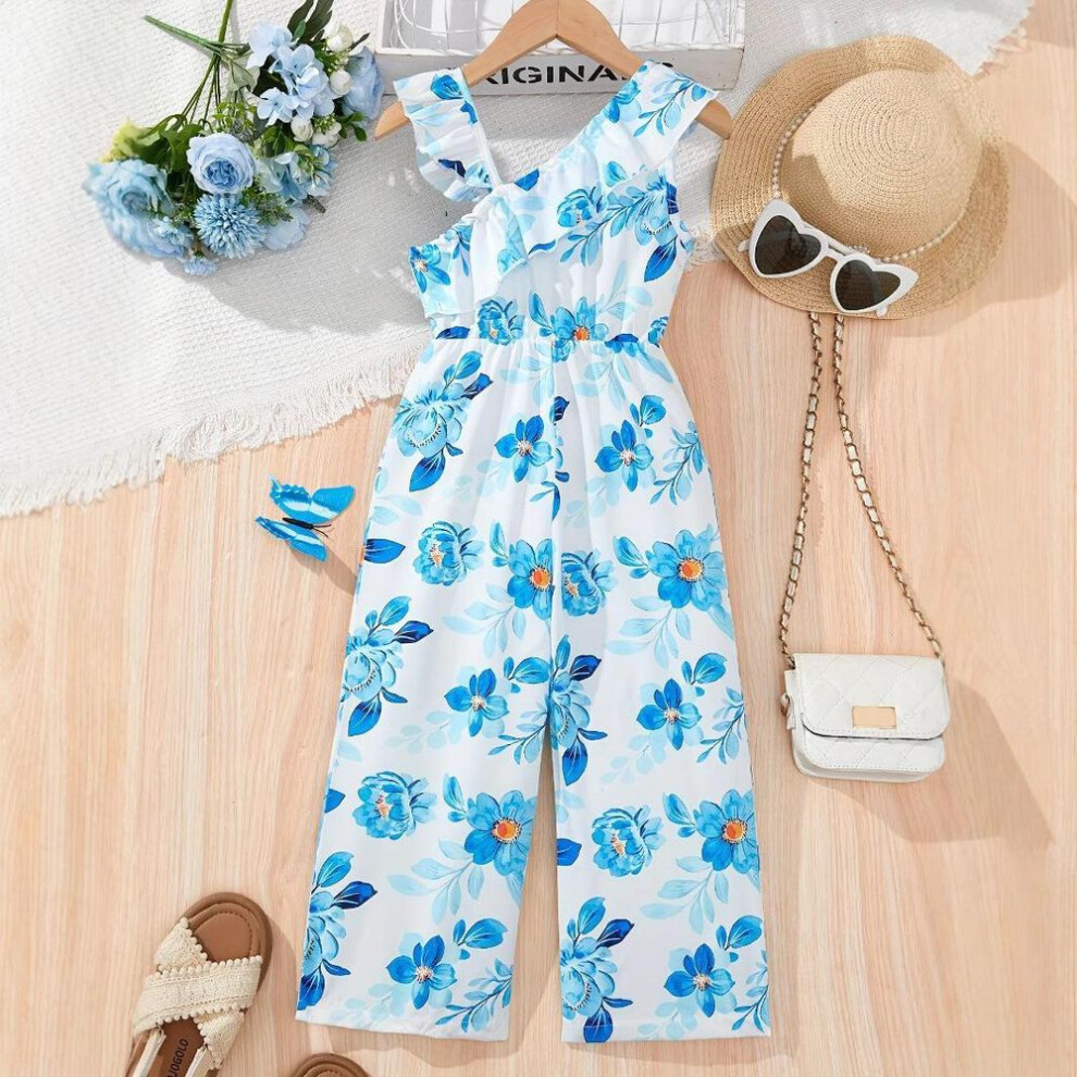 (light blue, 3-4Y) Girls Fashion Floral Print Romper Summer Casual Romper For Kids