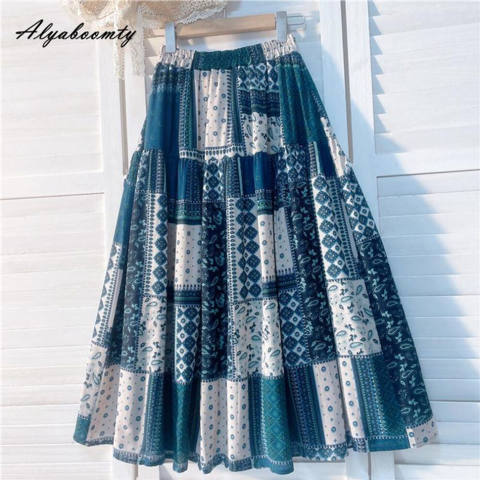 Spring Summer Women Midi Skirt Elastic Waist Geometry Print Contrast Color A-line Skirt Vintage Cotton Female Skirts