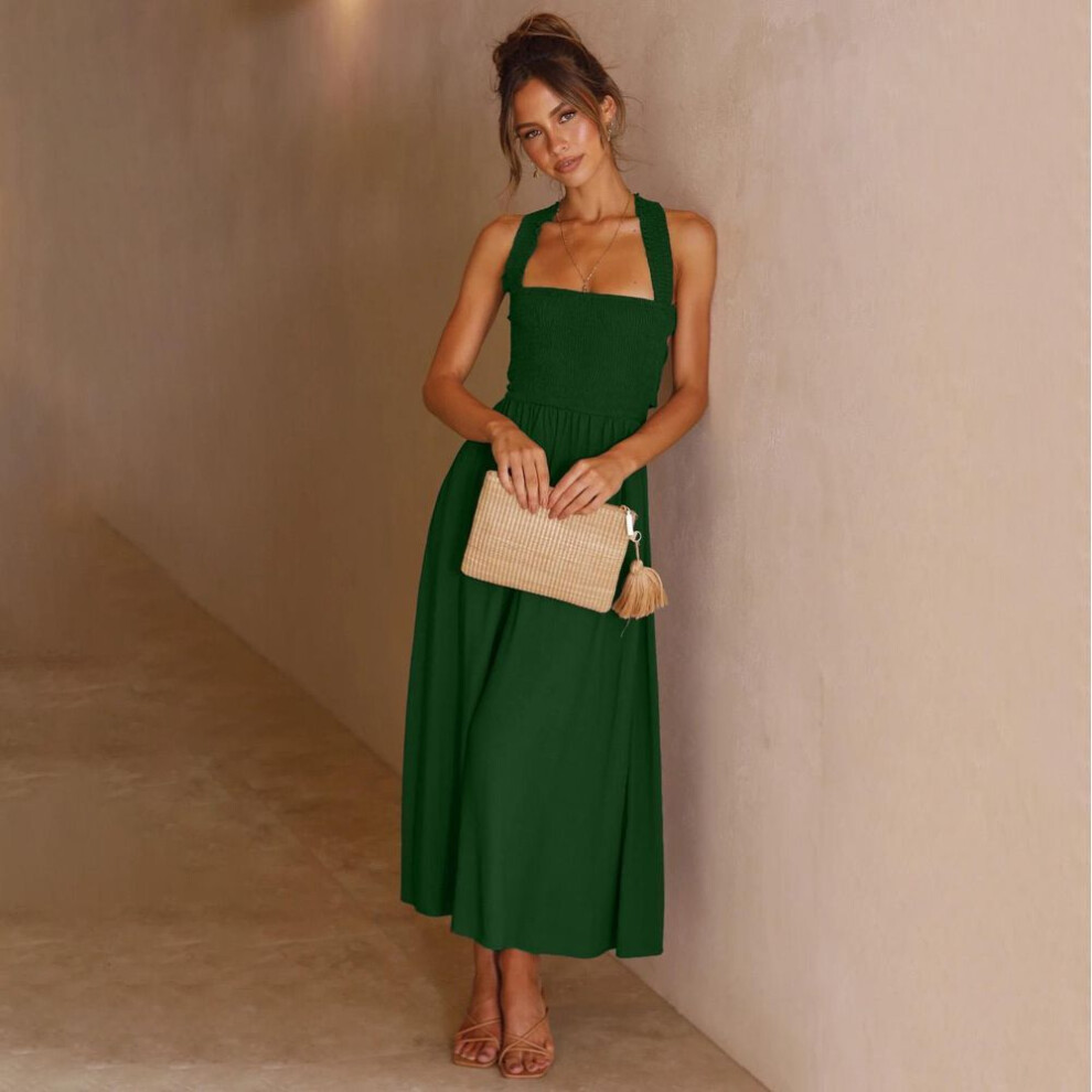 (green, XL) Women Spring Sleeveless Slim Suspender Camisole Dress Summer Casual A-line One-piece Collar Backless High Waist Solid Color Dresses S-xl