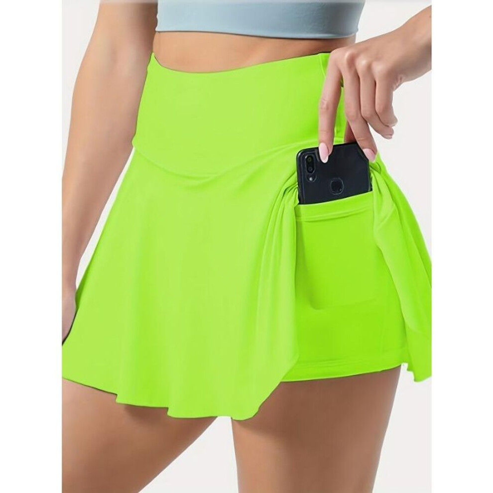 (M, fluorescent green) Solid Color Sports Skorts With Phone Pocket Tennis Golf Yoga Active Skirts