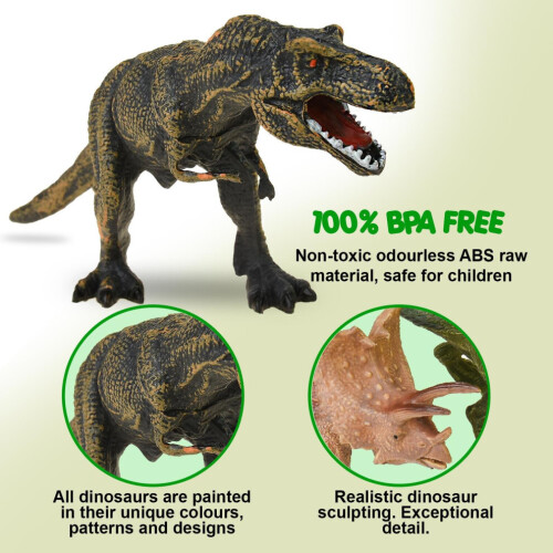 Set da gioco con figure di dinosauri realistici, tappetino da gioco e alberi 1