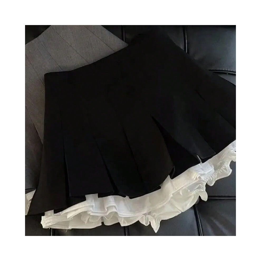 (black, L) Mooyufon Ruffles Black Mini Skirt Women Korean Patchwork Pleated Skirts Japanese Kawaii High Waist All Match A Line Skirt New
