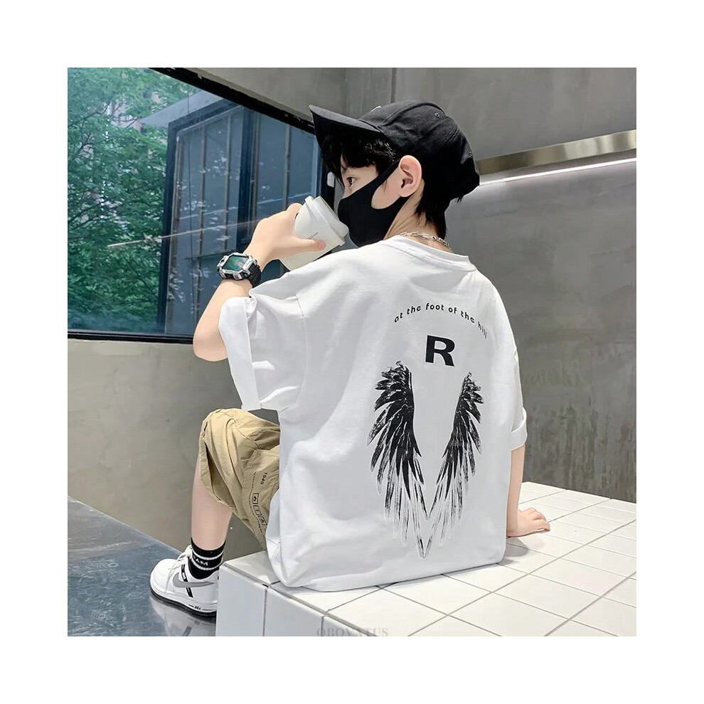 (WHITE, 13) New Fashion Tween Boy Summer T-shirt with Wings on the Back Kids Teenager Short Sleeve Tshirt Outfit Child Casual Streetwear Top
