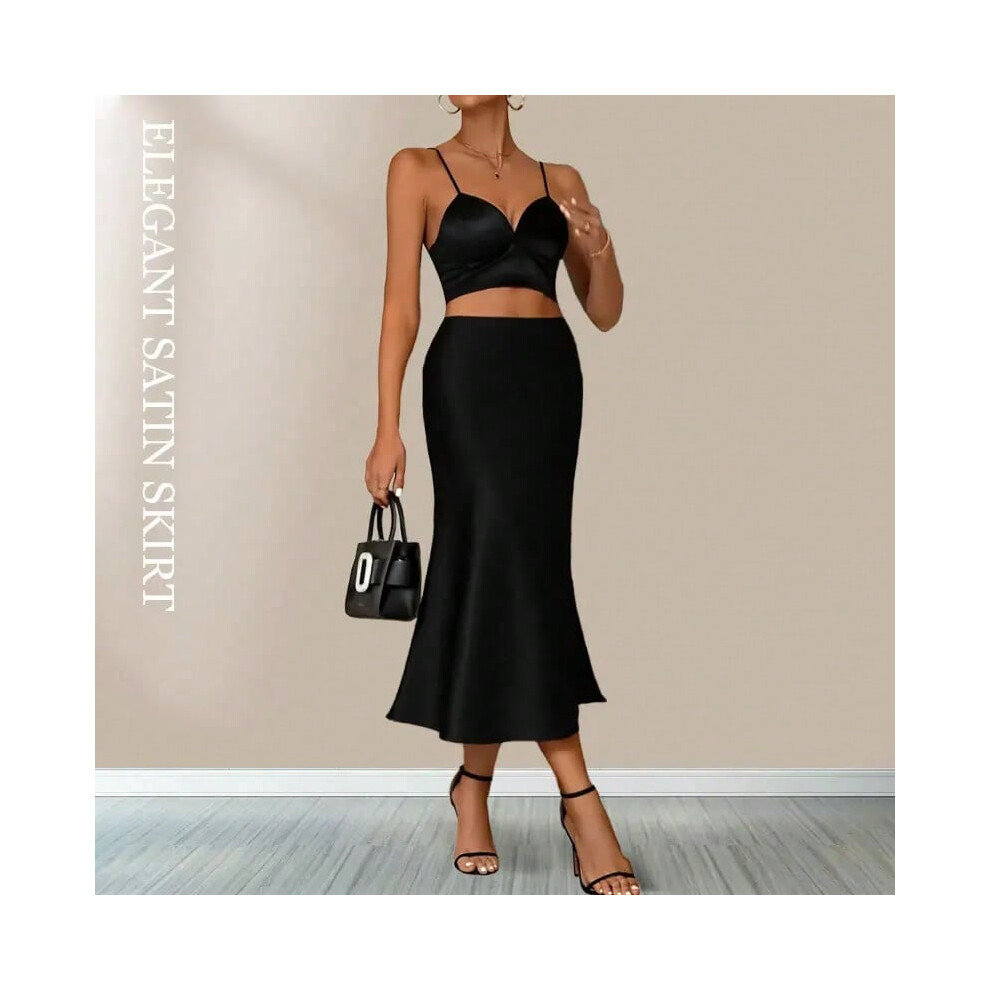 (Black, XL) Satin Skirts for Women Korean Style Champagne Office High Waist A-line Skort Fashion Elegant Solid Long Pencil Skirt Silk Like