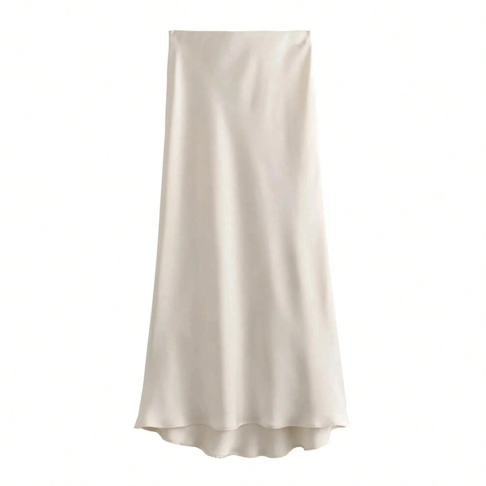 (beige, L) TRAFZA 2024 Y2K Casual Women Long Skirt Spring Elastic High Waisted A-Line Casual Female Satin Skirts High Street Lady Skirts