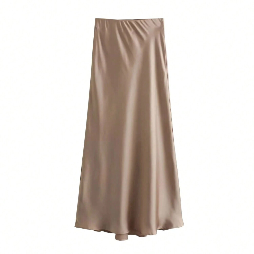 (khaki, M) TRAFZA 2024 Y2K Casual Women Long Skirt Spring Elastic High Waisted A-Line Casual Female Satin Skirts High Street Lady Skirts