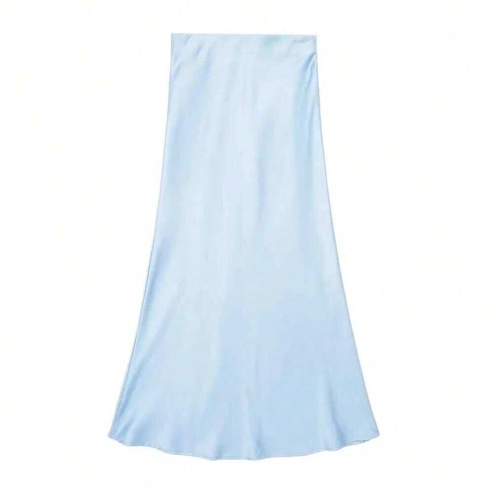 (blue, XS) TRAFZA 2024 Y2K Casual Women Long Skirt Spring Elastic High Waisted A-Line Casual Female Satin Skirts High Street Lady Skirts