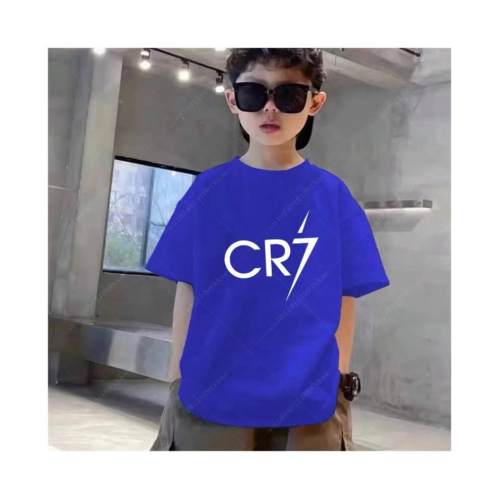(15, 14T) Ronaldo Football Star Printed Children's Clothing Kids Summer Short-sleeved Boys Girls Black Cotton T-shirt Sportswear Tops Teen