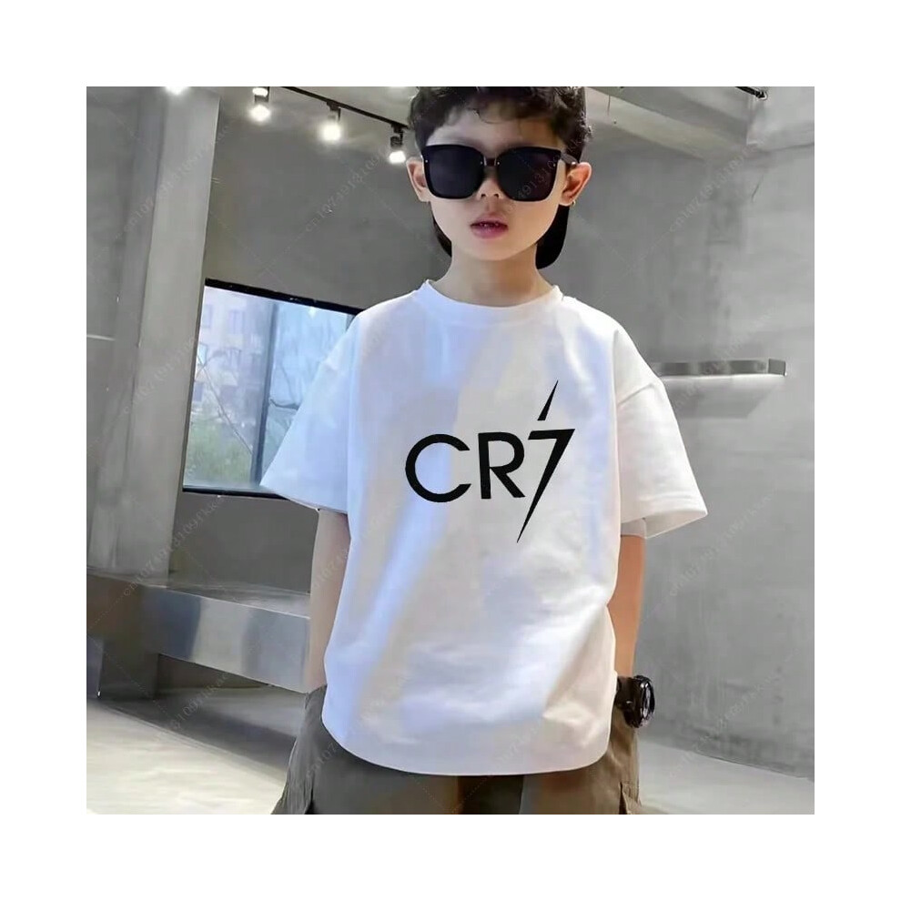 (11, 12T) Ronaldo Football Star Printed Children's Clothing Kids Summer Short-sleeved Boys Girls Black Cotton T-shirt Sportswear Tops Teen