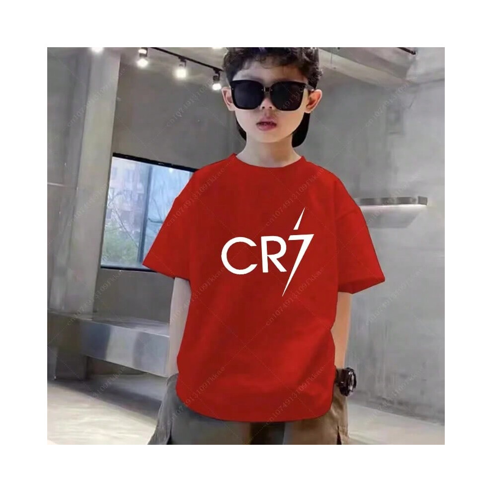 (13, 5T) Ronaldo Football Star Printed Children's Clothing Kids Summer Short-sleeved Boys Girls Black Cotton T-shirt Sportswear Tops Teen