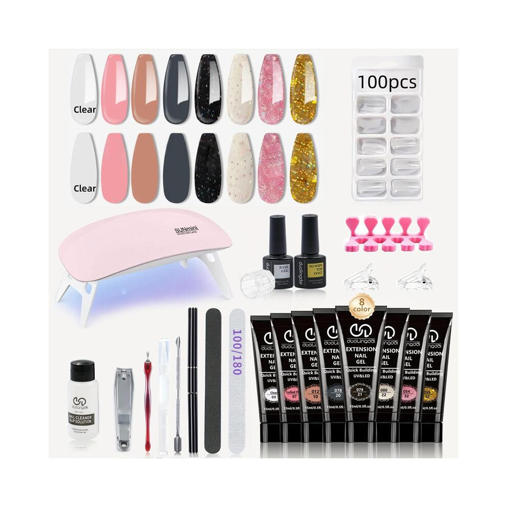 (1 Set, 8 Colors) Poly Nail Gel Kit with Poly Nail Extension Gel Builder, Quick Building Nail Mold Tips, and Art Tools, Perfect Gift for Nail Art Enth
