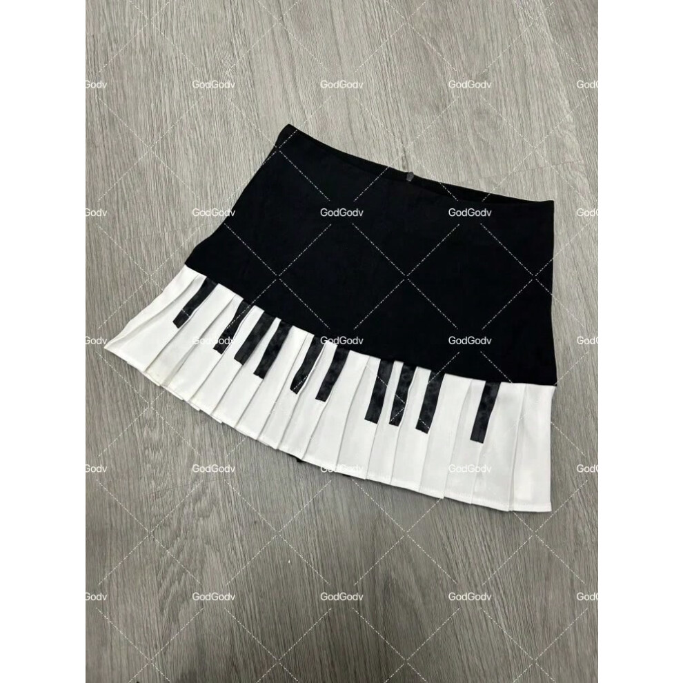 (255 Design, S) Spring Black White Spliced Women Short Skirt 2025 Y2k Slim Design Harajuku Mini Skirt Female Empire Korea Style Chic Piano Skirt