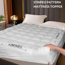(Striped White, Super King (180 x 200cm)) Mattress Topper King Size 4 Inch Thick Microfiber - Ultra Soft & Breathable Double 4ft All Size