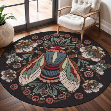 (Insect & Flower, 160x160cm/5.26x5.26ft) Vintage Lotus Insect & Flower Pattern Round Rug, Non-slip Soft Floor Mat, Decorative Carpet for Home Living Room Bedroom Hotel Dormitory