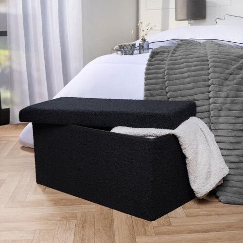 (Black, Rectangle) Folding Ottoman Storage Box Footstool Space Saving Seat 2