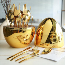 (Golden, 25pcs/set) Creative Egg Design Easter Tableware Set, Stainless Steel Cutlery & 1 Count Egg-shaped Utensils Holder, Kitchen Table Knife, Fork, Spoon Dessert