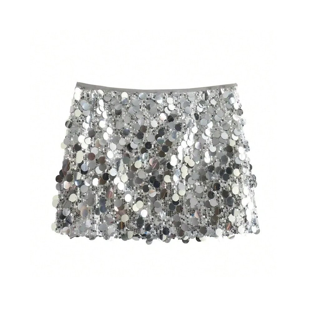(silver-1, L) Silver Sequin Skirt Woman High Waist Mini Skirt Woman Fashion Shiny Glitter Elegant Short Skirts For Women Y2k Skirts