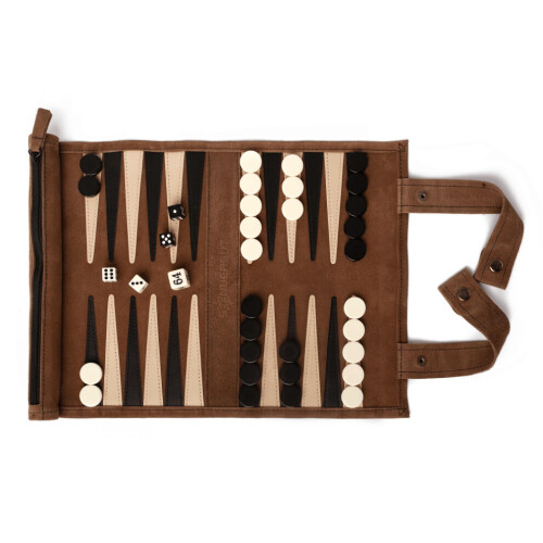 Sondergut Backgammon-Set in Reisegröße – Tragbares Roll-up aus echtem Wildleder