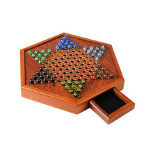 12,5 Zoll großes chinesisches Damespiel aus Holz mit Aufbewahrungsschublade und 60 Glasmurmeln