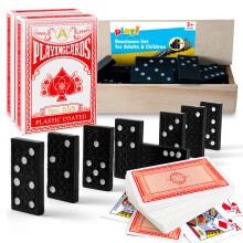 Set da gioco con 2 carte da gioco rivestite in plastica e 28 domino in scatola di legno