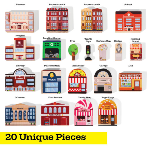Conjunto de brinquedos de cidade de madeira com 20 peças - Edifícios de cidade de madeira e placas de 2