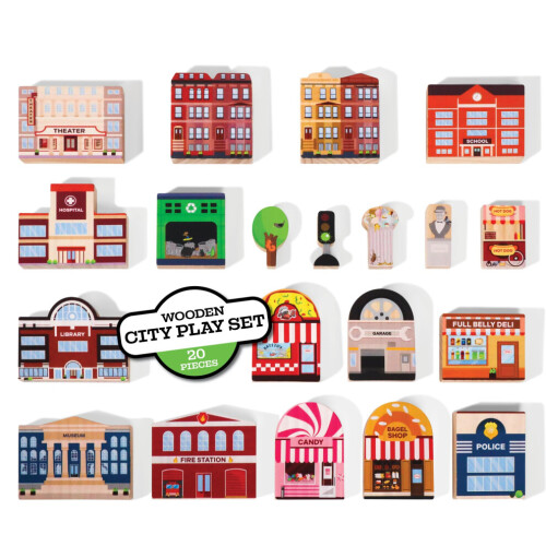 Conjunto de brinquedos de cidade de madeira com 20 peças - Edifícios de cidade de madeira e placas de
